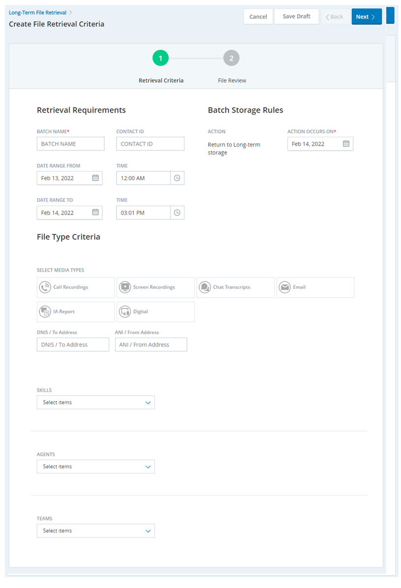 La page Créer des critères de récupération de fichier, affichant les options de filtrage d’une demande de récupération de fichier.