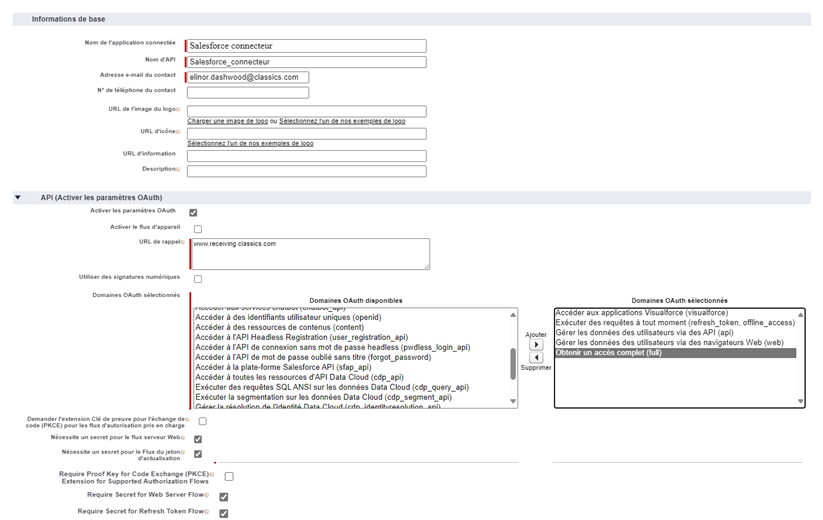 Le formulaire Application nouvellement connectée, avec des sections pour les informations de base et l’API (Activer les paramètres OAuth).