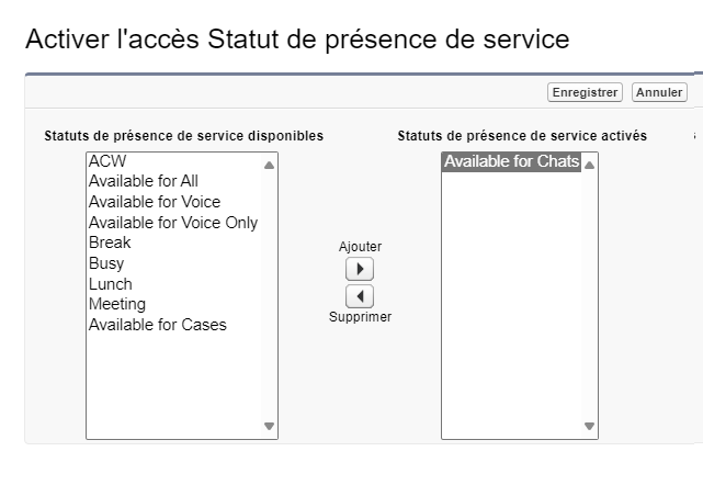 Le formulaire Activer l’accès aux états de présence de service. États disponibles à gauche, états activés à droite. Les options d’ajout et de suppression se trouvent au milieu.