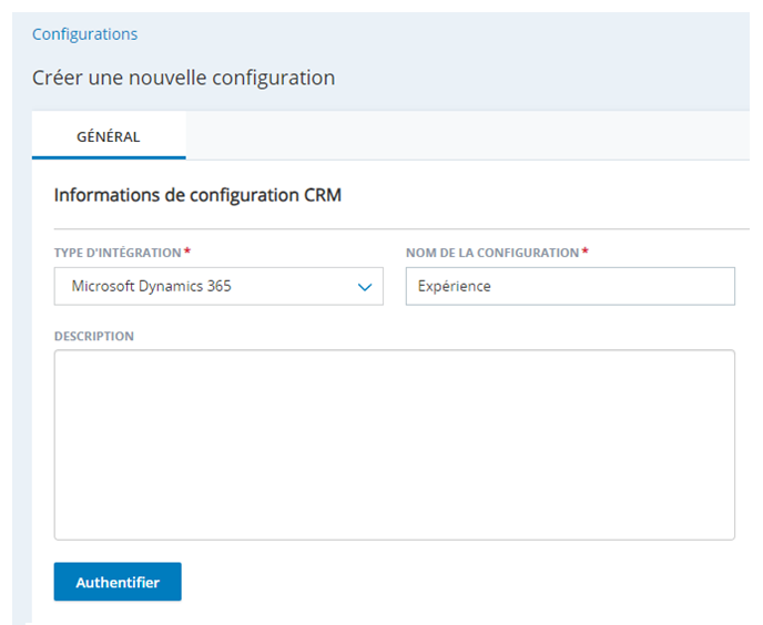 La page Créer une nouvelle intégration dans Intégrations d’agents, avec des champs pour le type d’intégration, le nom de la configuration et la description.