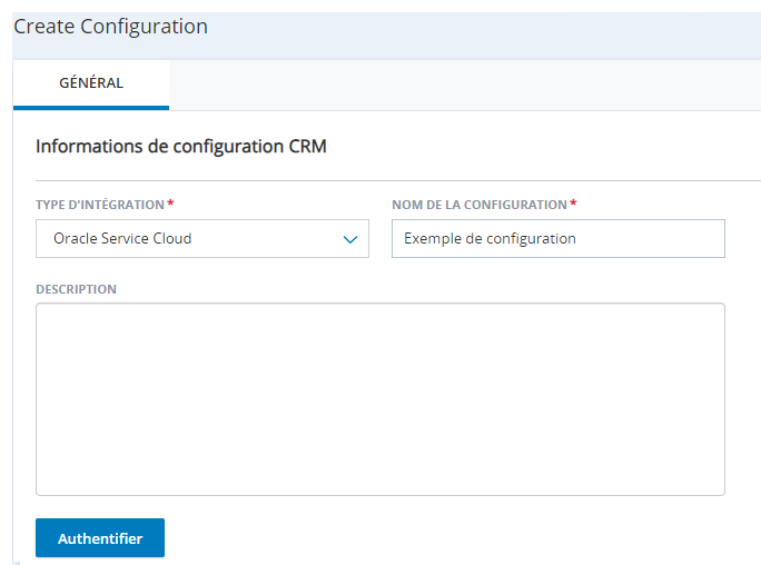 La page Créer une configuration dans Intégrations d’agents, avec des champs pour le type d’intégration, le nom de la configuration et la description.