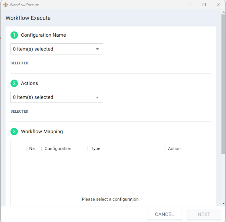 L’assistant Exécution du Flux de travail, où vous pouvez choisir une intégration CRM, une ou plusieurs actions, et les mapper à des flux de travail.