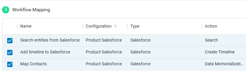 Dans la section Mappage du flux de travail, les entités de recherche de Salesforce et Mémorialisation des données sont sélectionnées.