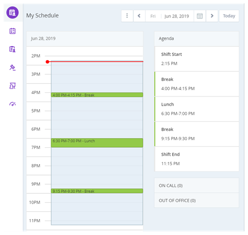 Le calendrier WEM dans Salesforce Agent, indiquant le début et la fin du quart de travail, les pauses et le déjeuner.