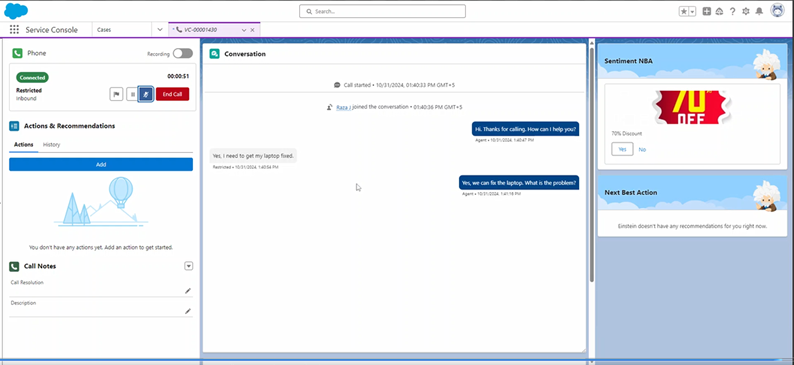 Une conversation de contact est ouverte dans Salesforce. Sur la droite, la fenêtre Sentiment Next Best Action affiche 70 % de réduction.