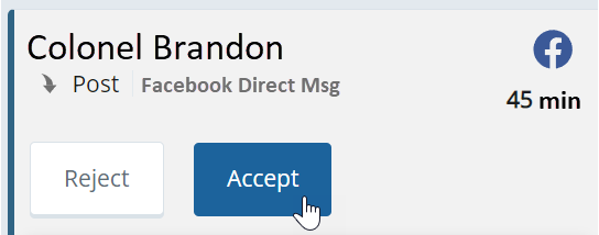 Un message Facebook entrant. Affiche le nom du contact, l’icône Facebook, l’heure de la file d’attente et les boutons de rejet et d’acceptation.