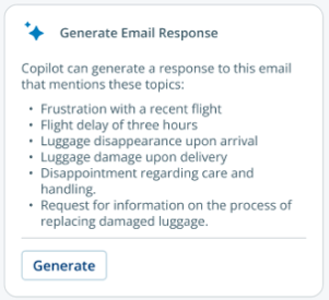 Une carte intitulée Generate Email Response. Une liste à puces de sujets. En dessous, un bouton Generate.