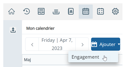 Dans Calendrier, l’utilisateur a cliqué sur Ajouter et son curseur se trouve sur Engagement.