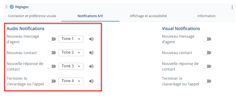 La section Notifications audio, avec des options pour Nouveau message de l’agent, Nouveau contact, Réponse du nouveau contact et Terminer le clavardage ou l’appel.