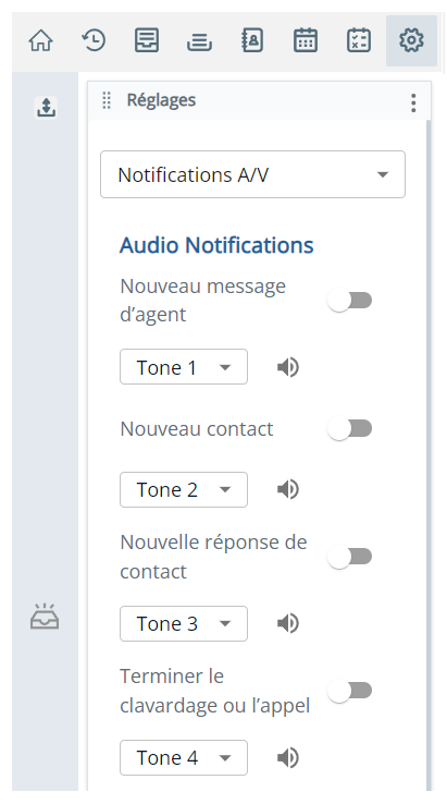 La section Notifications audio, avec des options pour Nouveau message de l’agent, Nouveau contact, Réponse du nouveau contact et Terminer le clavardage ou l’appel.