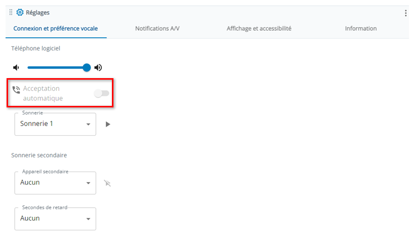 L’acceptation automatique se trouve dans la section Téléphone logiciel de l’onglet Connexion et préférences vocales dans Paramètres.