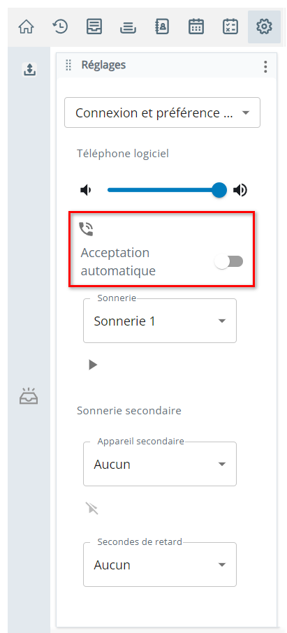 L’acceptation automatique se trouve dans la section Téléphone logiciel de la page Préférences de connexion et vocales dans paramètres.