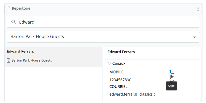 Un nom est recherché. Le nom du contact apparaît. Dans la liste déroulante Canaux, leur numéro de téléphone apparaît. Le curseur survole l’icône d’un téléphone.