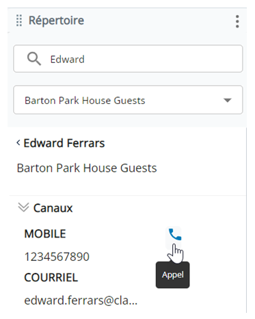 Un nom est recherché. Le nom du contact apparaît. Dans la liste déroulante Canaux, leur numéro de téléphone apparaît. Le curseur survole l’icône d’un téléphone.
