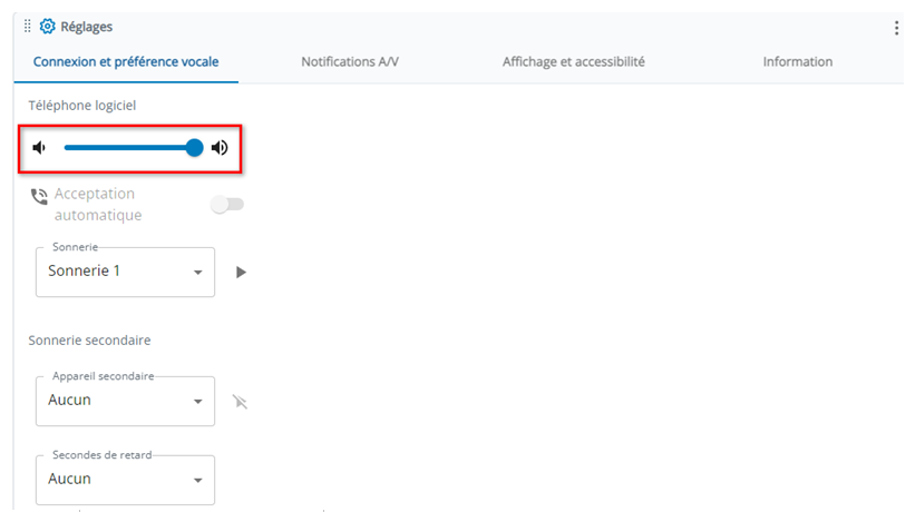 Le réglage du volume se trouve dans la section Téléphone logiciel de l’onglet Connexion et préférences vocales dans Paramètres.
