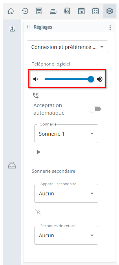 Le réglage du volume se trouve dans la section Téléphone logiciel de la page Connexion et préférences vocales dans Paramètres.