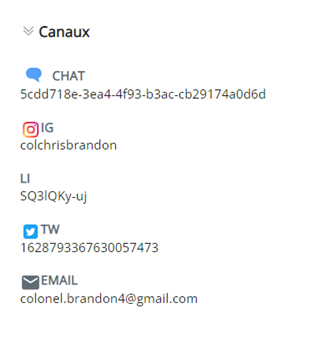 La section Canaux est développée et affiche les informations du contact pour Facebook, Courriel, Instagram, Clavardage et SMS.