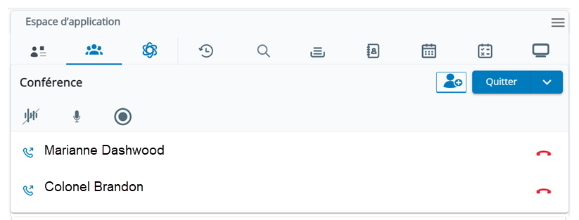 L’espace à plusieurs participants est ouvert dans l’Espace d’application. Les deux contacts sont affichés dans une conférence.