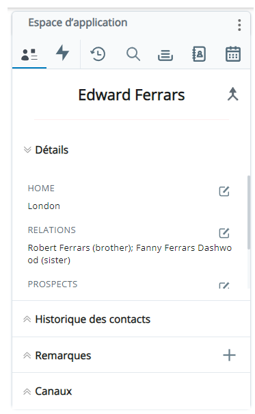 Carte client, avec le nom du contact en haut, puis des onglets déroulants intitulés Détails, Historique des contacts, Notes et Canaux.