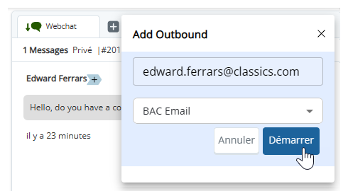 Ajouter sortant a été cliqué. Dans la fenêtre contextuelle qui apparaît, l’agent a saisi une adresse e-mail et sélectionné une compétence.