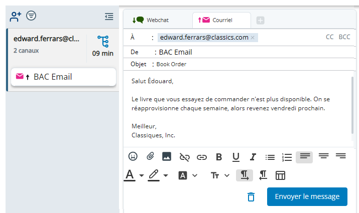 Un nouvel onglet pour l’e-mail sortant apparaît dans l’espace d’interaction.