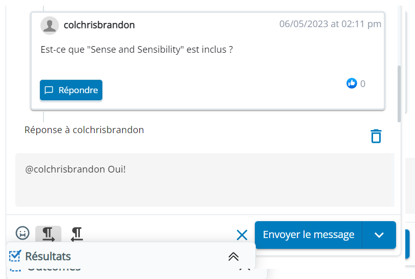 Commentaire d’un contact sur une plateforme sociale. Le bouton Répondre est cliqué. Le nom d’utilisateur du contact est mentionné dans la zone de texte.