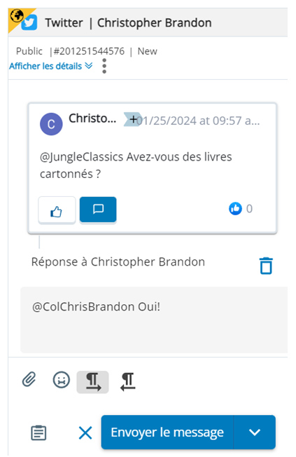 Commentaire d’un contact sur une plateforme sociale. Le bouton Répondre est cliqué. Le nom d’utilisateur du contact est mentionné dans la zone de texte.