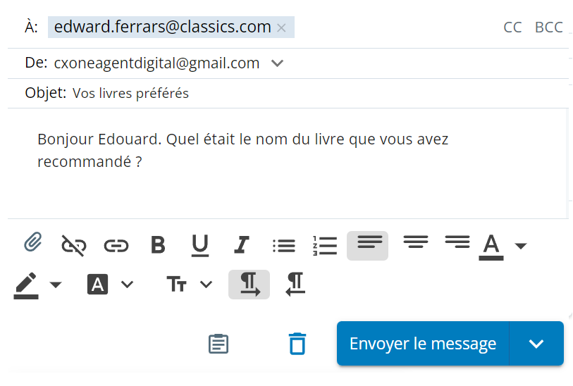 Un brouillon de courriel. Inclut les lignes À, De et Objet, CC et BCC, une zone de texte, des options d’éditeur de texte et un bouton d’envoi.