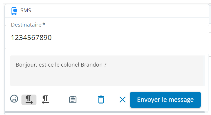 Un brouillon de message SMS. Affiche le numéro de téléphone du contact, une zone de texte et un bouton d’envoi.