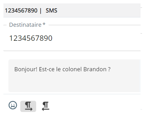 Un brouillon de message SMS. Affiche le numéro de téléphone du contact, une zone de texte et un bouton d’envoi.