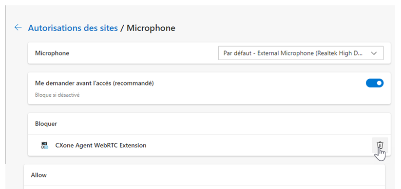 CXone Agent WebRTC Extension est répertorié sous Bloquer. Le curseur survole l’icône Supprimer d’une corbeille.