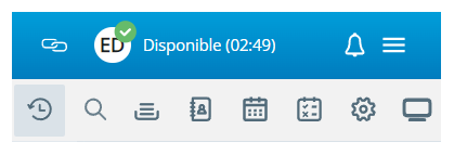 Une barre bleue avec des icônes pour le segment d’agent, la barre d’état, les notifications et autres. En dessous, il y a un menu avec des icônes pour l’historique des contacts, la recherche, la file d’attente, l’annuaire, etc.