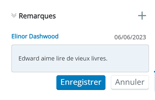 La section Notes est développée et affiche une icône d’ajout représentant un signe plus, le nom de l’auteur, la date, une zone de texte pour saisir des notes, ainsi que les boutons Enregistrer et Annuler.