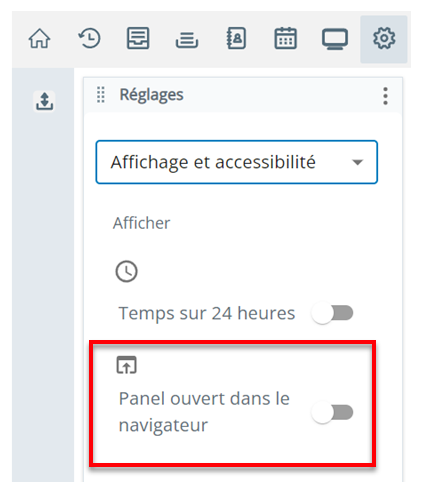 La page Affichage et accessibilité dans Paramètres. Le paramètre Panneau ouvert dans le navigateur est le deuxième en partant du haut.