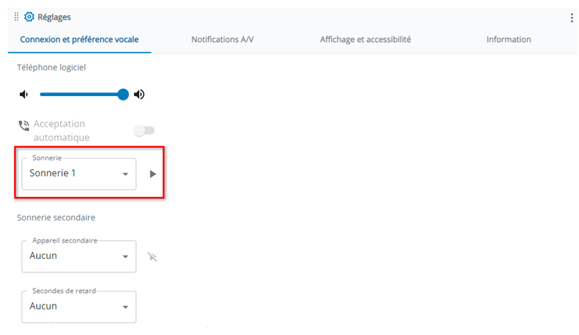 Le paramètre Sonnerie se trouve dans la section Téléphone logiciel de l’onglet Connexion et préférences vocales dans Paramètres.