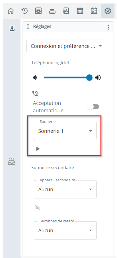 Le paramètre Sonnerie se trouve dans la section Téléphone logiciel de la page Connexion et préférences vocales dans Paramètres.