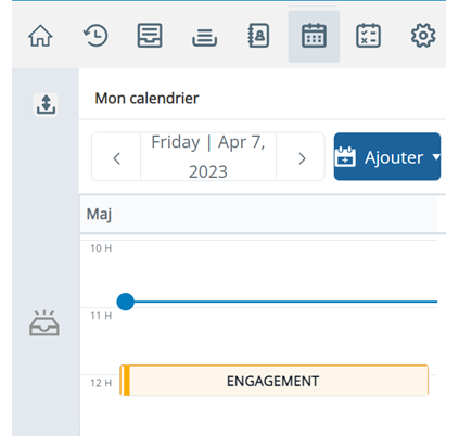 L’espace Calendrier, qui montre les activités quotidiennes, y compris un engagement programmé.