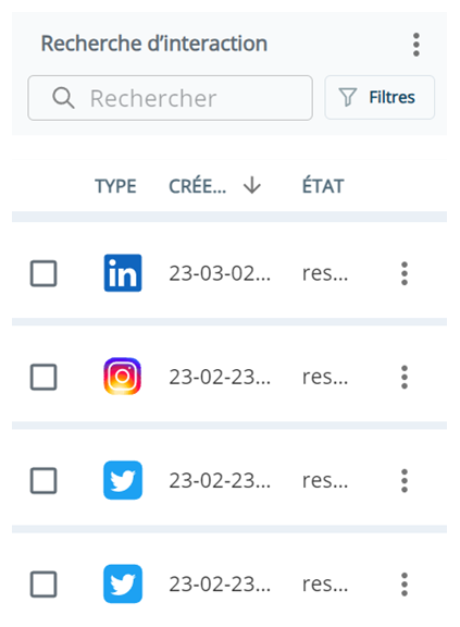 L’espace de recherche, qui présente une barre de recherche, un bouton pour les filtres et un tableau de résultats répertoriant les interactions.