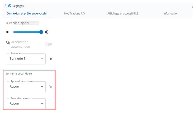 La section Sonnerie secondaire se trouve dans l’onglet Connexion et préférences vocales dans Paramètres.
