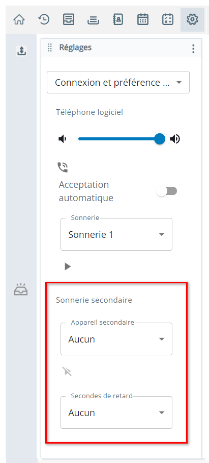 La section Sonnerie secondaire se trouve dans la page Connexion et préférences vocales dans Paramètres.