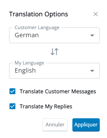 La fenêtre contextuelle Options de traduction, avec des champs pour Langue du client, Ma langue, Traduire les messages du client et Traduire mes réponses.