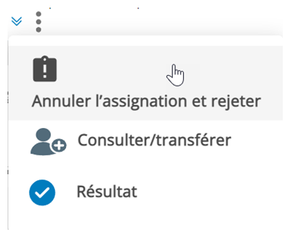 L’icône Plus, trois points verticaux, est cliquée et le curseur passe sur l’icône Consulter/transférer : une personne avec un signe plus.