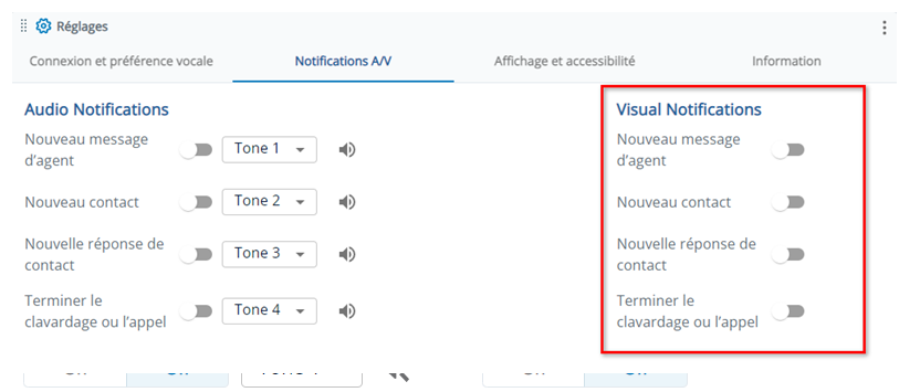 La section Notifications visuelles, avec des options pour Nouveau message de l’agent, Nouveau contact, Réponse du nouveau contact et Terminer le clavardage ou l’appel.