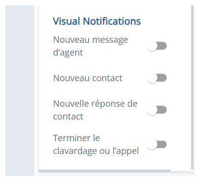 La section Notifications visuelles, avec des options pour Nouveau message de l’agent, Nouveau contact, Réponse du nouveau contact et Terminer le clavardage ou l’appel.