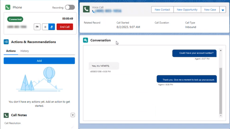 La fenêtre Conversation dans Salesforce montre une conversation entrante entre un contact et un agent.