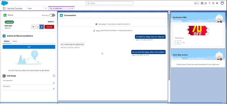 La fenêtre de conversation dans Salesforce montrant une conversation entrante entre le contact et l'agent avec la fonctionnalité Senitment NBA affichant une suggestion.