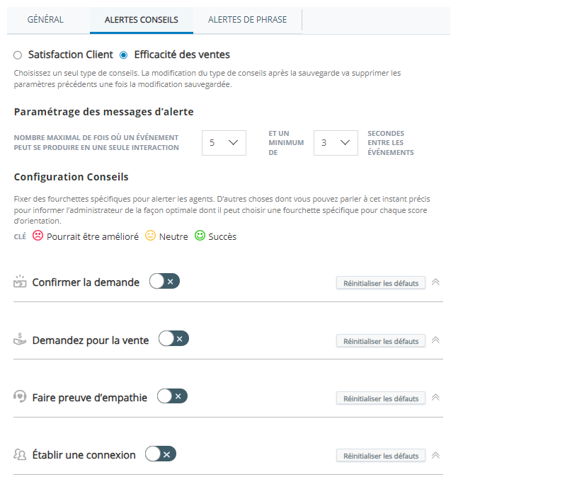 L’onglet Alertes d’orientation, qui présente les options relatives aux comportements en matière d’efficacité des ventes.
