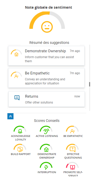 La fenêtre Real-Time Interaction Guidance telle qu’elle apparaît aux agents. Le pointage de sentiment global est en haut, le résumé des suggestions au milieu et les scores d’orientation.