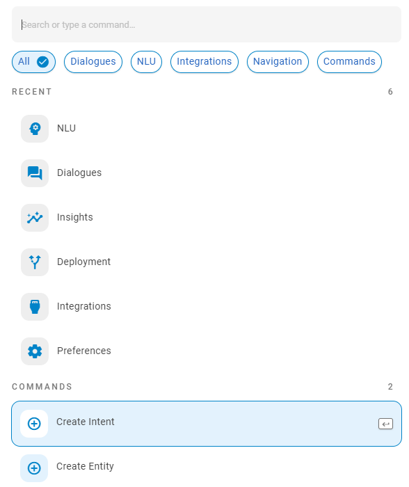 La barre de commande, avec une barre de recherche en haut et des options permettant de restreindre la recherche aux dialogues, aux intégrations ou à la navigation.