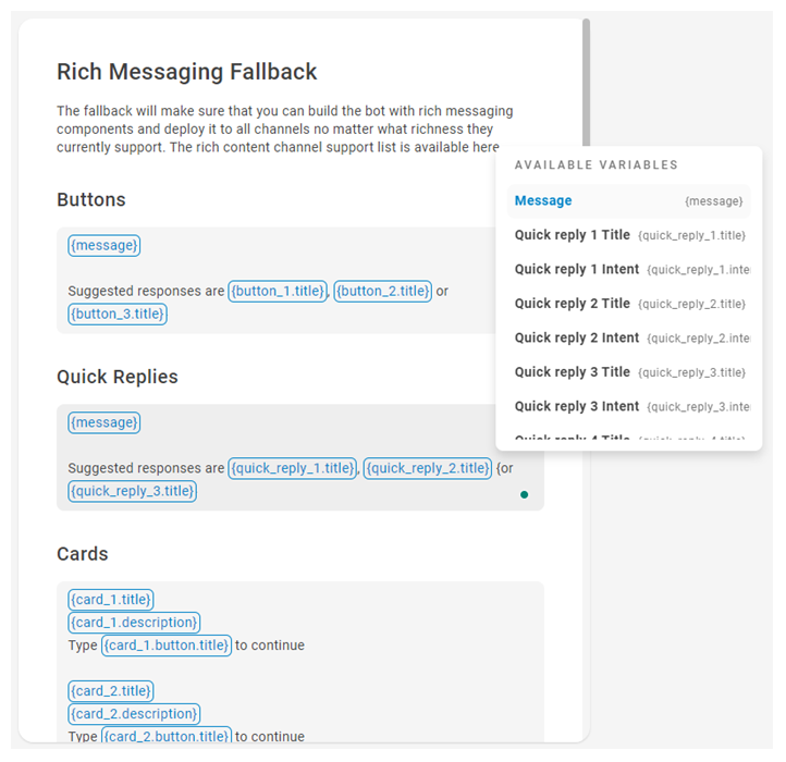 Capture d’écran de la page des paramètres de Rich Messaging Fallback, où vous pouvez configurer des réponses alternatives pour les messages enrichis.